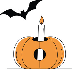 Carved halloween pumpkin lantern with burning candle and flying bat silhouette on white studio background festive spooky holiday decor isolated on white background