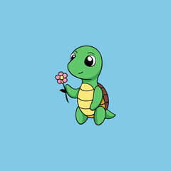 Adorable cartoon turtle holding a pink flower with a gentle smile