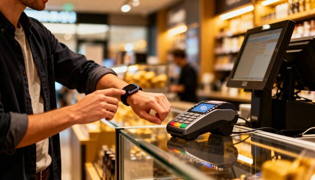 informal purchase ease, casual buyer uses smartwatch easily, relaxed shopper interacts with friendly staff effortlessly, everyday consumer engages with contactless technology at retail counter