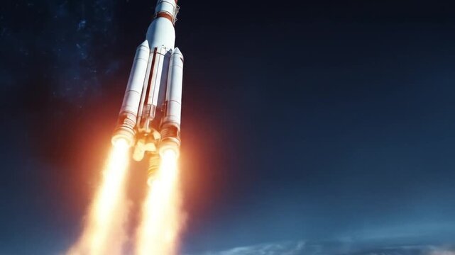 A towering rocket blasts off into a dark sky, orange exhaust lighting Earth's horizon. toward space