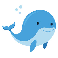 Cute cartoon blue marine mammal with bubbles swimming happily in the ocean