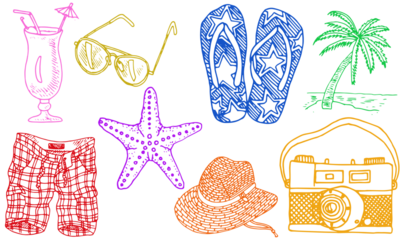 Colorful summer vacation icons including a cocktail and beach accessories design on transparent background