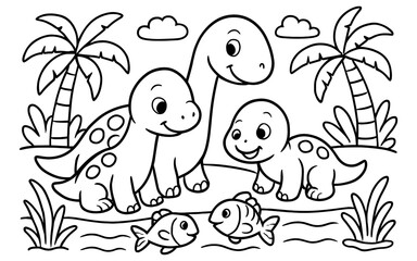 Obraz premium Delightful dinosaur family in a playful landscape for kids coloring activity