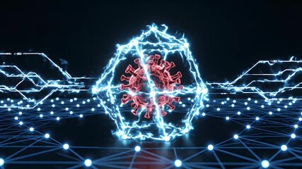 Red Virus Particle Contained in a Blue Digital Energy Shield - Powered by Adobe