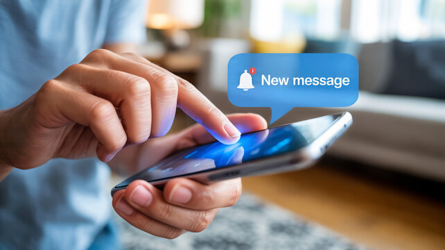 Person using smartphone receiving new message notification