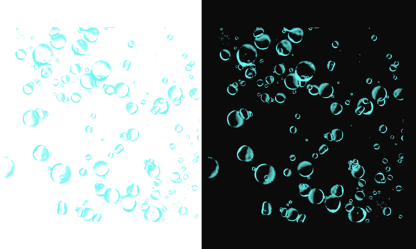 Abstract background with floating light blue bubbles on a dark black backdrop on transparent background