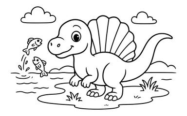 Adorable dinosaur with splashing fish in playful outline art for kids