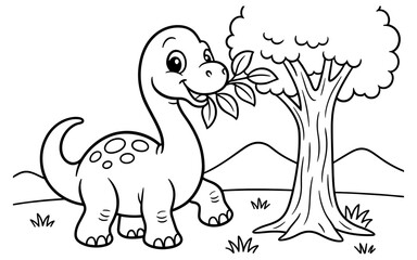 Cute dinosaur eating leaves in black and white cartoon style