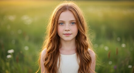 Fototapeta premium Young girl with long red hair in a field of flowers