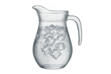 Glass pitcher holding refreshing ice water with sparkling ice cubes, condensation on the transparent surface, isolated