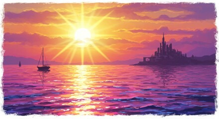 Majestic sunset over a calm sea with a distant castle and sailboat