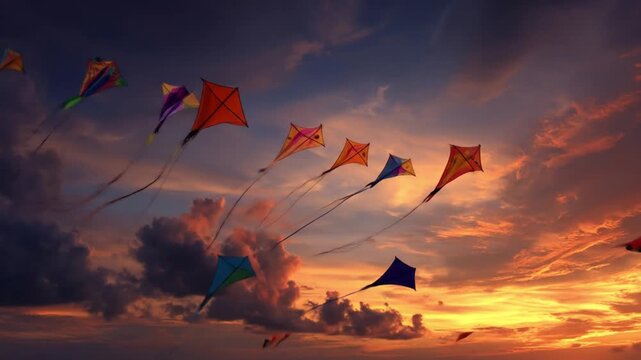 Vivid sunset sky with scattered clouds as colorful kites glide, diagonally across a glowing horizon!