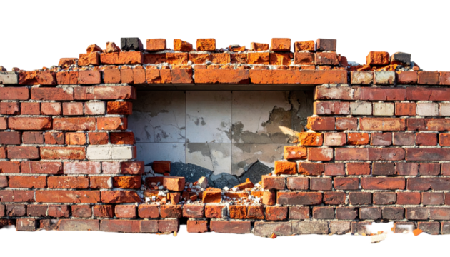 Weathered Red Brick Wall Fragment with Broken Opening and Distressed Texture in Urban Setting