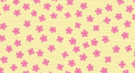 Delicate pink cherry blossoms scattered on a soft yellow background