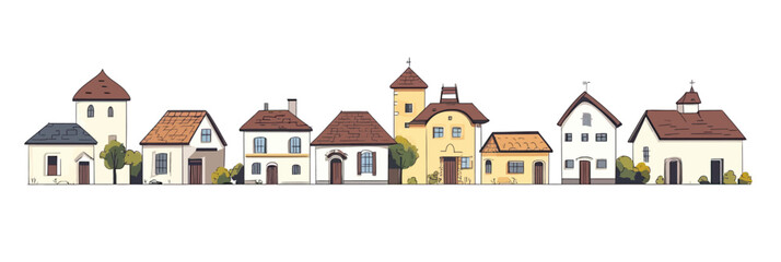 Minimalist cartoon small town houses with varied architectural styles in a simple flat vector row on white background illustration for urban neighborhood concept