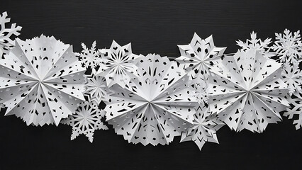 Arrangement of white paper snowflakes on a dark background creating a festive winter scene