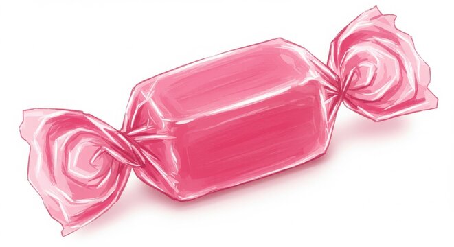 A single pink taffy candy wrapped in shiny cellophane