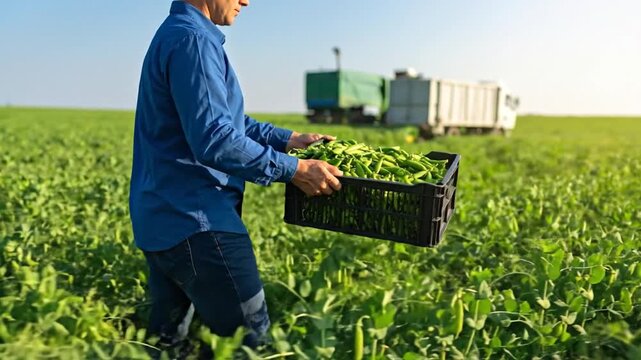 Farmer Harvesting Fresh Peas, Carrying Crate in Field