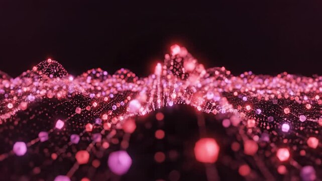 Dynamic red geometric particle network creating an oscillating wave pattern symbolizing intense data analysis and artificial intelligence grid lines, binary code simulation, high energy