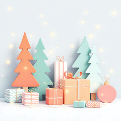 Pastel Christmas and Holiday Gifts Display with Stylized Paper Trees and Glowing Lights