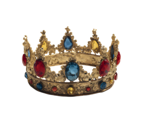 A golden crown with vibrant red blue and yellow gemstones displayed prominently