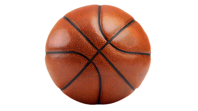 A detailed studio shot of a classic orange and brown basketball on black