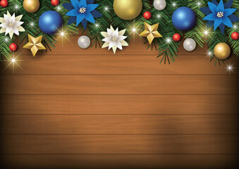 クリスマス背景、板、玉飾り、青、キラキラ、かわいい、イラスト、横
