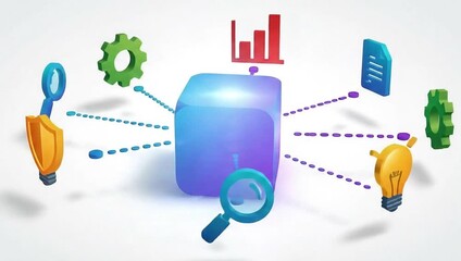 A radiant blue cube connecting to bright symbols that signify discovery protection growth and insight in a clean and