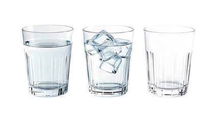 Progression of Water in Three Glasses: Half-Full, Ice Cubes, and Empty, Isolated on Transparent Background