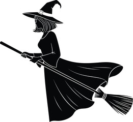 Silhouette of a witch in a hat flying on a broomstick against a white backdrop for halloween celebrations isolated on white background