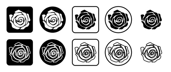 Icon set of rose. Filled, outline, black and white icons set, flat style.  Illustration on transparent background
