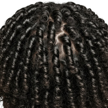 Extreme close-up of a man's tightly curled 4C coils, well-defined and moisturized with a subtle sheen, against a clean transparent background, emphasizing natural hair health and texture