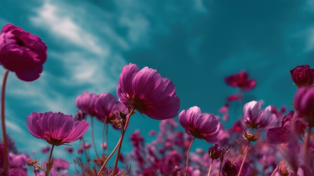 A field of pink flowers with a blue sky in the background. The flowers are in full bloom and the sky is clear - Powered by Adobe