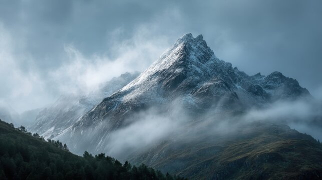 A mountain covered in snow and fog. The mountain is covered in snow and the sky is cloudy