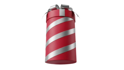 Red cylindrical gift box with silver stripes and bow isolated PNG, festive present for Christmas and birthday on transparent background