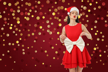 Woman in red dress with big white bow, festive setting