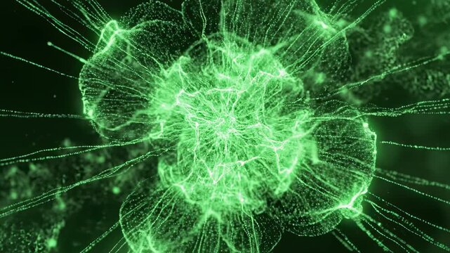 Ethereal slow motion flow of glowing green subatomic particles forming a complex rapidly evolving network structure glowing green, digital background, future