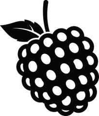 A simple black and white illustration of a ripe blackberry with a stem
