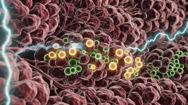 The adrenal medulla showing chromaffin cells arranged in dense clusters. Vesicles filled with epinephrine and norepinephrine glow faintly, shifting with each subtle stimulus