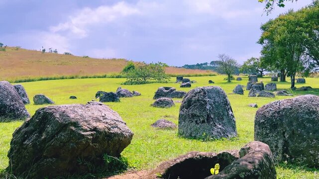 Valley of the Jars, Laos. Phongsavan. Valley of the Jars. The megalithic archaeological landscape consists of thousands of stone jars scattered across the Xiangkhouang Plateau. 4К	