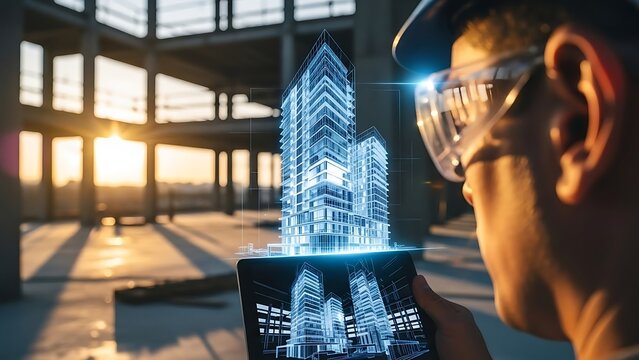 Engineer viewing augmented reality hologram of modern high rise buildings on digital tablet construction site