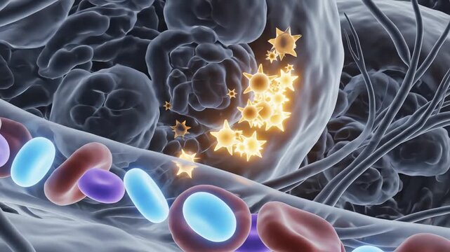 Cells in the zona glomerulosa forming aldosterone precursors, shown as faint golden molecules collecting near the cell membrane, capillaries weave tightly between clusters of cells