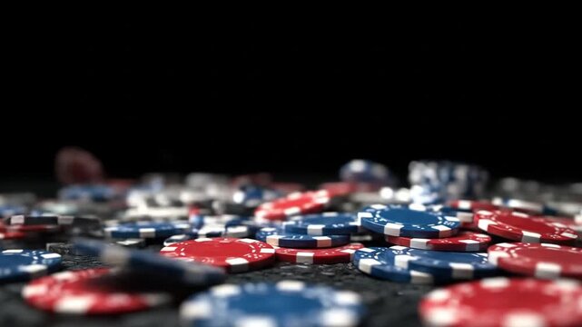 Red and blue poker chips lie scattered on a dark table, catching soft light and shadows, gleaming.!!