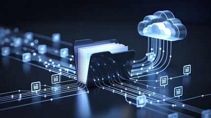 Digital cloud computing network infrastructure with glowing data streams connecting to a luminous cloud icon representing data transfer and storage