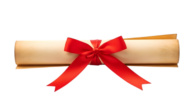 Rolled diploma with red ribbon, isolated on transparent background