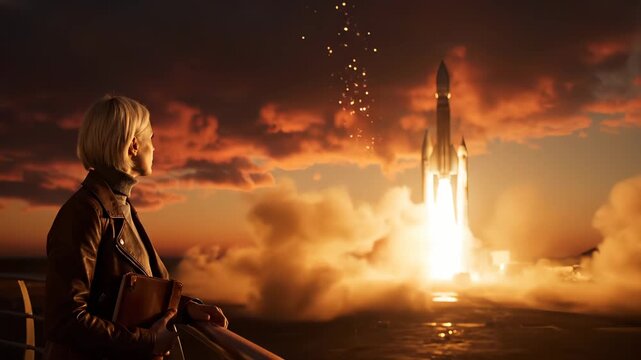 Woman watches rocket launch at sunset. She stands on railing near launchpad. Flame plume and smoke rise from spaceship. Warm glow reflects on face and horizon. Silhouette captures space journey now.