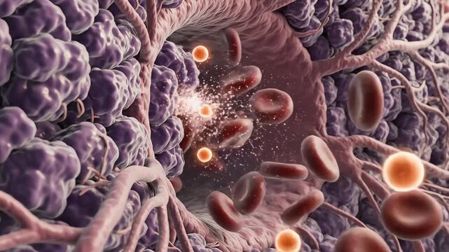 Blood flowing through the adrenal medulla&rsquo;s rich vascular network, red blood cells moving briskly past chromaffin cells, occasional glowing catecholamine vesicles drift toward the bloodstream