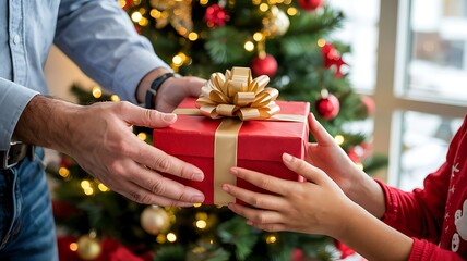 Generous hands of a man giving a beautifully wrapped red christmas gift with a golden bow to a child s hands festive tree background