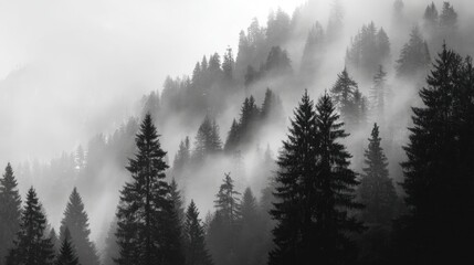 A forest with foggy trees. The trees are tall and the sky is cloudy. The image has a moody and mysterious feel to it