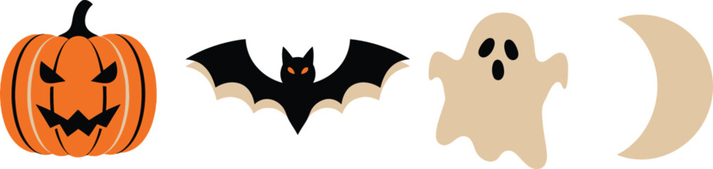 Happy halloween icons collection spooky pumpkin bat ghost moon isolated graphic elements for autumn holiday celebrations isolated on white background